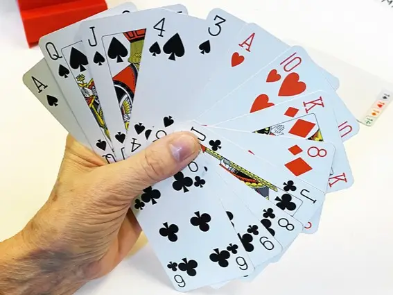 A hand holding a set of bridge cards